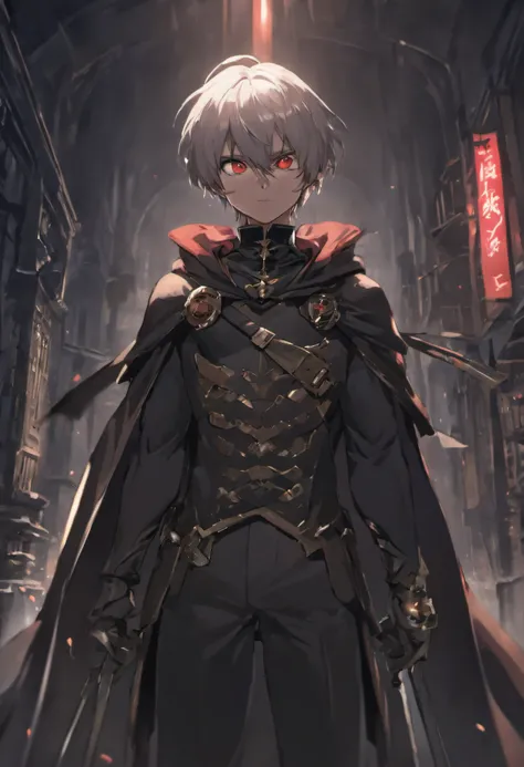 (ultra-detailed CG unit 8k wallpaper, Master parts, Best quality, depth of fields, hdr), 1boy, anime character, short silver hair, long black cape, turtleneck, serious, mask in the eyes, The mask is painted with a scary smile, white mask, The mask fits the...