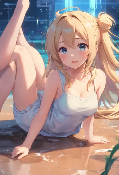 Cute loli，long whitr hair，Leaky shoulders，Barefoot，head looking up，Lie on the ground，Raise your feet， Naked. Clothing that exposes. baggy clothes.largeeyes，Anime cute face，Loli，Long white socks，Wet da，huge tit，Blushing、(((squirting)，(Sexual position),Vagin...