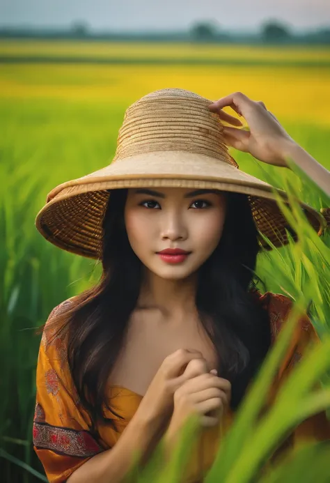 Create a picture of a beautiful Vietnamese girl without clothes, Behind her is a rice field