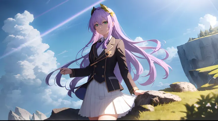 Athena with plain long light purple hair,hair between eyes,green eyes,rosy cheeks,full lips,thin eyebrows,slender body,wearing school coat and full long skirt,cute anime girl,full body,rocky cliff sea in background,anime style,Lumen Reflections,Screen Spac...