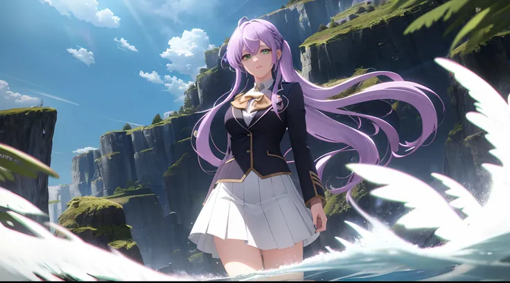 Athena with plain long light purple hair,hair between eyes,green eyes,rosy cheeks,full lips,thin eyebrows,slender body,wearing school coat and full long skirt,cute anime girl,full body,rocky cliff sea in background,anime style,Lumen Reflections,Screen Spac...