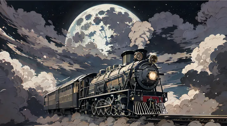 There was smoke in the center of the locomotive、headlight、Japan countryside、cinematic scenery、Guibli、large moon、Clouds,masutepiece,Best quality,Sketch style、