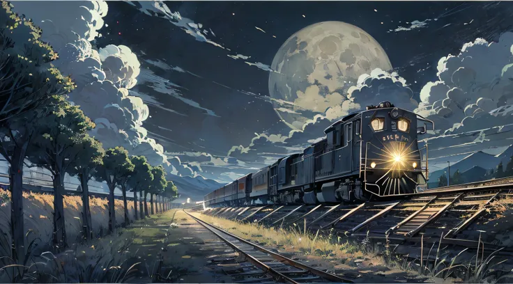 There was smoke in the center of the locomotive、headlight、Japan countryside、cinematic scenery、Guibli、large moon、Clouds,masutepiece,Best quality,Sketch style、