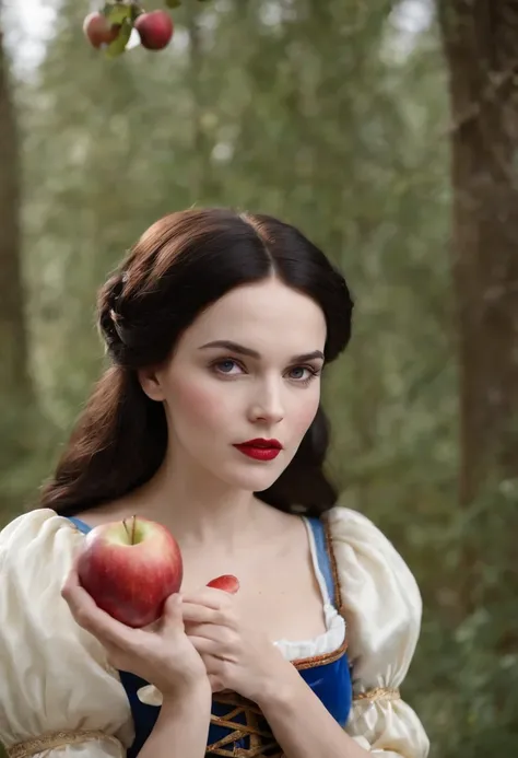 beautiful snow white eating an apple ultra nítido foco, Imagens realistas, Roupas femininas medievais, cor tetradica )