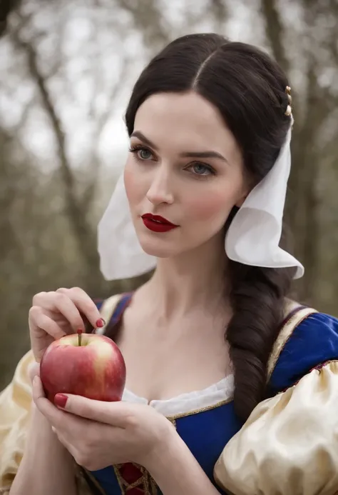 beautiful snow white eating an apple ultra nítido foco, Imagens realistas, Roupas femininas medievais, cor tetradica )