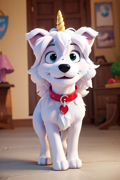 A cartoon image of a fully grown white wolf dog wearing a unicorn hat. The dog collar should be red. Walking pose, one leg up to take a step forward