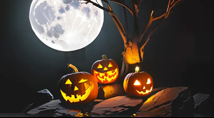 There are three pumpkins sitting on a rock，The background is the full moon。, Glowing pumpkins under trees, halloween scene, halloween atmosphere, spooky halloween night, halloween night, spooky and scary atmosphere, jack-o-lanterns, halloween wallpaper wit...