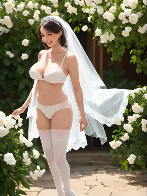 Italian middle-aged woman，Spaghetti，Full-fledged intellectual woman，Delicate face，Fine lines，Happy and happy expression，Tall, Large breasts，Chest firm，slenderlegs，White veil，White lace underwear，White flowers and white panties，white stockings，White heels，S...