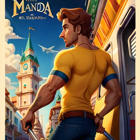 Movie poster of a Disney animation, de um homem segurando uma metralhadora