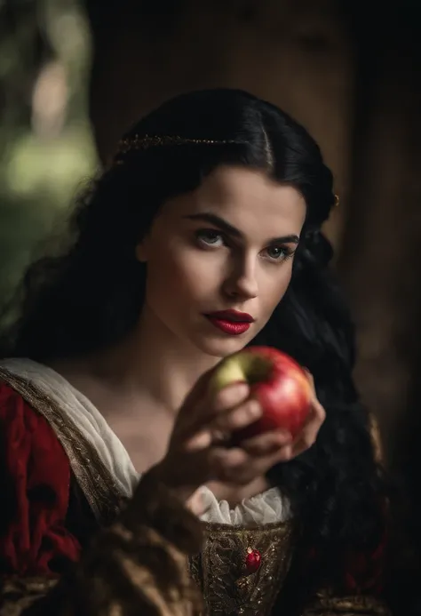 linda branca de neve, com idade de 16 anos, Eating an apple ultra sharp focus, Imagens realistas, roupas femininas medievais, cor tetradica )