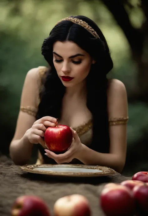 linda branca de neve, com idade de 16 anos, Eating an apple ultra sharp focus, Imagens realistas, roupas femininas medievais, cor tetradica )