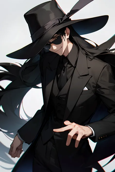 A gentleman in a dark suit and dark hat with dark glasses, long black hair with a scary smile