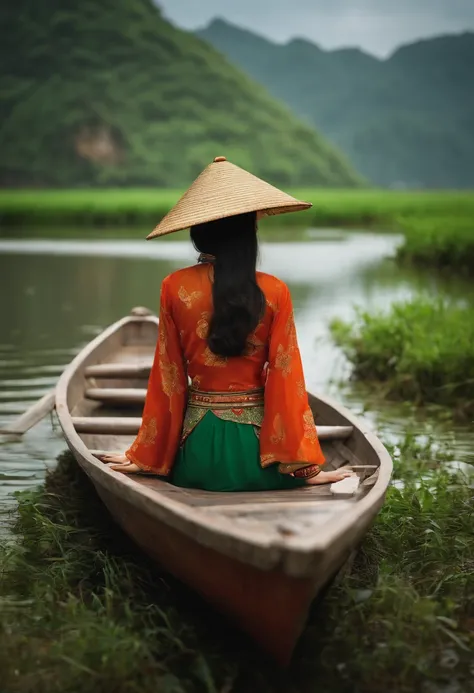 Create a beautiful Vietnamese girl, behind her is the scene of boat racing in Lishui, Quang Binh;