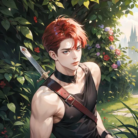 Masterpiece, high quality, best quality, HD, realistic, perfect lighting, detailed body, 1 man, short red hair, black red t-shirt, calm expression, wearing sword, in the nature