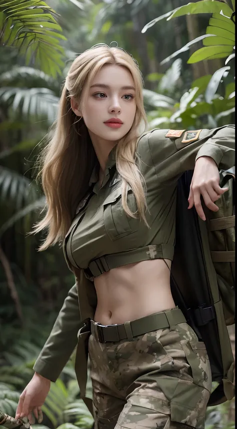 8K, RAW photos, Best quality, Masterpiece: 1.2),(best qualtiy，8K, Yes，32K，masterpiece，hyper HD：1.2) , 20 years old, blond woman in camouflage outfit posing in forest with backpack, gorgeous jungle ranger, military girl, infantry girl, soldier girl, wojtek ...