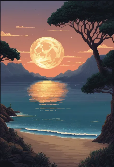 Pixel art of giant moon rising on calm sea, beautiful detailed pixel art, detailed pixel art, Lofidel retro video game, concept pixelart, detailed pixel artwork, Pixel art style, pixel town, pixel art animation, high quality pixel art, Dolphins jump off th...