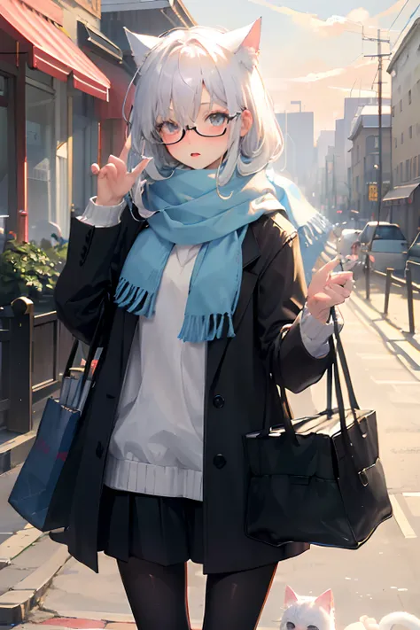 ​masterpiece, top-quality, 1girl, white  hair, medium hair, cat ear, Open eyes, Look at the viewer, :3, cute little, scarf, jaket, plein air, street、Wearing glasses、