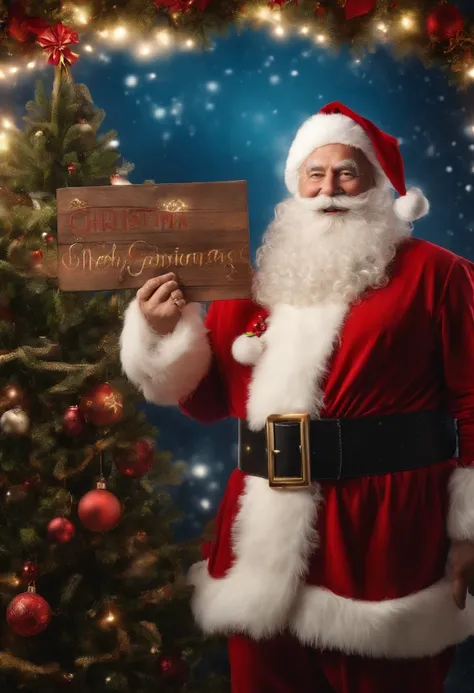 Santa Claus standing pointing at the camera holding a sign written CHRISTMAS ELETRIKUS, com um grande sorriso, alegre, fotorrealista, 4k