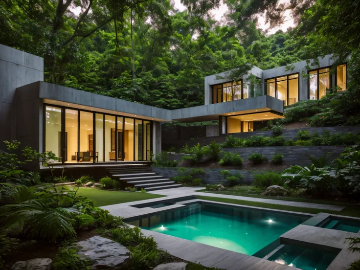 (Best Masterpiece), (super wide shot), 8K，Modern rectangular glass villa in the middle of the hill，exterior, Wide windows，Densely wooded，The leaves are verdant，The stream is babbling。The visuals are beautiful and beautiful，Evening lighting effects