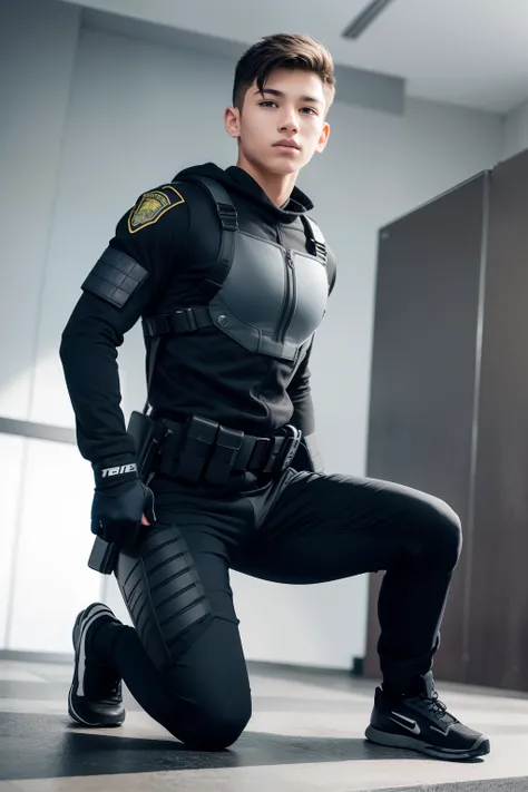 Teen male posing, (((16yo))), full body view, atmospheric, ultra realistic, SWAT fighter, kneel, SWAT uniform