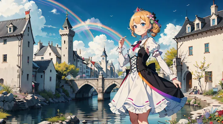 elegant，girl，adolable，a princess，rainbow castle background，fanciful，best resolution