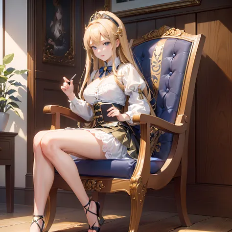 ((Finest quality)),(超A high resolution),(ultra-detailliert),(Meticulous portrayal),((Best CG)),(Finest works of art),Ultra-Precision Art,The art of astounding depiction, (1人の女性:1.5), Sitting in a rocking chair and relaxing:1.3,rocking chair, Hall Clock:1.5