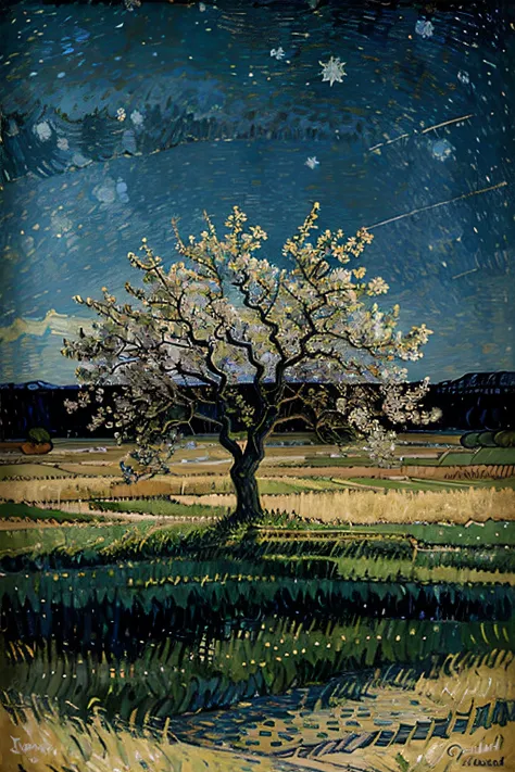 combine painting from van goghs Almond Blossoms and starry night, landscape, van gogh style, more detail on the sky