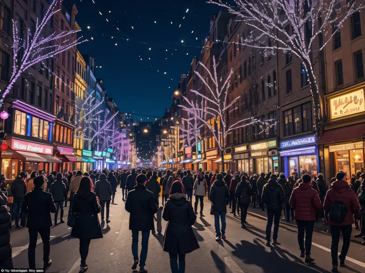 City Lights: Celebrating in a bustling city, with dazzling light displays and lively street parties.