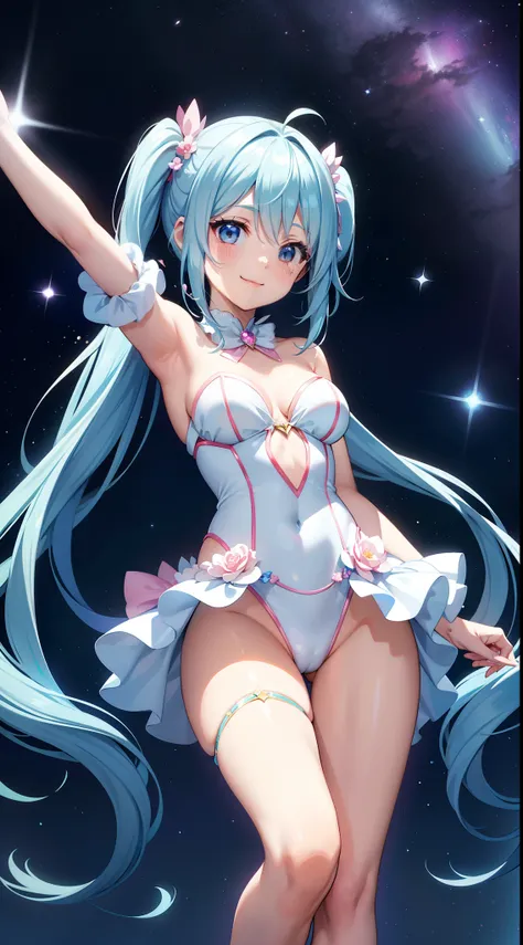 Super Idol　a beauty girl　adorable smiling　sky blue hair　length hair　Facing straight ahead　Looking at the camera　Twin-tailed　Glittering white and light pink leotard costume　Mystical　Fantasia　constellation　a moon　Crystal Brilliance　Aurora Borealis in the Nig...