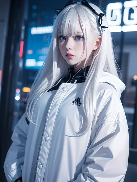 1girl,Albino, cute, white hair, blonde hair, beautiful, long hair, blue eyes, wearing a parka jacket, cyberpunk jacket, hair with a ribbon,night light ((8k, UHD, ultra realistic))