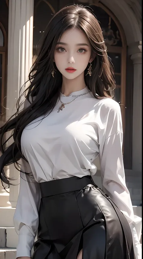 wearing a shirts,skirt by the、nffsw,best qualtiy:1.4, ​masterpiece:1.8, 1 Women, hips up high, beautidful eyes, The long-haired, Ringed Eyes, jewely, large full breasts