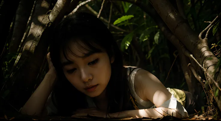 korea girl sleep, in jungle, under wood, night