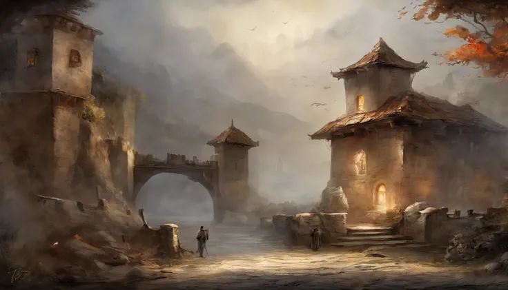 ink wash style，(Broken European-style city gates)，battlefiled，Fire on earth，winter day、Rochas、（illustratio：1.0）、Epic composition、Realistic lighting、high definition detail、tmasterpiece、Best quality，（非常详细的 CG 统一 8k 壁纸）