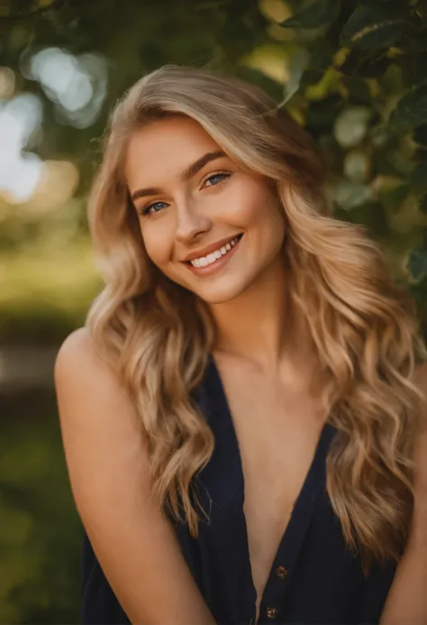 Photo of a blonde cute girl, Instagram-Foto, beeinflussen, beautiful smile, Sommerstimmung, sonnengeküsste Top, Natural makeup, Trendige Mode, bunter hintergrund, Aesthetic filter, Lebendige Farben, Beleuchtung zur goldenen Stunde, Dreamy Atmosphere, jugen...