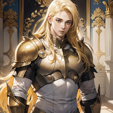 Masterpiece, high quality, best quality, HD, realistic, perfect lighting, detailed body, 1 man, long yellow hair, white t-shirt, calm expression, wearing armor, in the palace