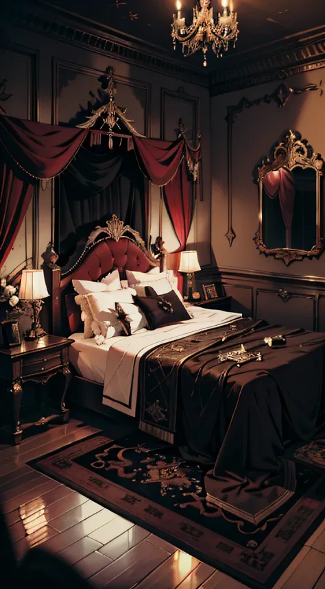 photographie, Chambre gothique, Gothique, Lit du roi,miroir,tapis,Dim Light, Gargouilles, Rideaux sombres, Bougies cireuses, Peinture de Satan, Decorations, Parquet, Nuit sombre, Nuit noire, rouge