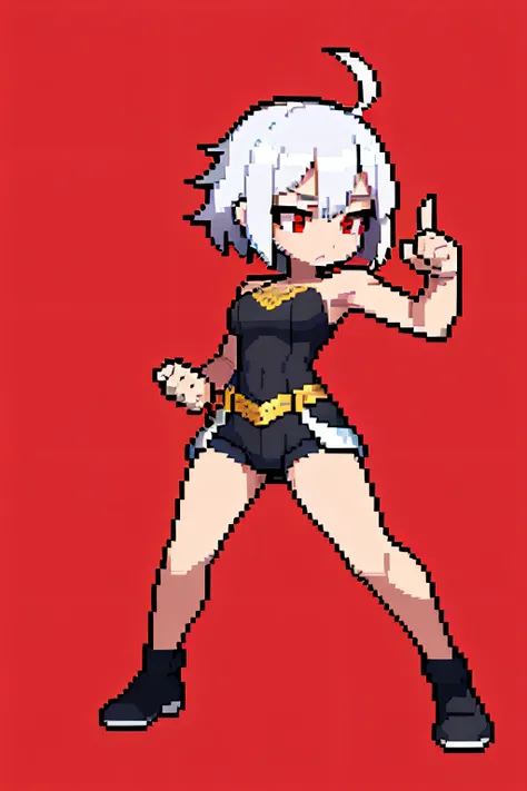 (masterpiece, top quality, best quality, less detail, 8-bit color, soft color), pixel,pixel art,1girl,fullbody,#03253a background,ready to fight,attack pose, smack studio, separate body for edit,easy for editing, short pant, short hair, vampire girl, red e...