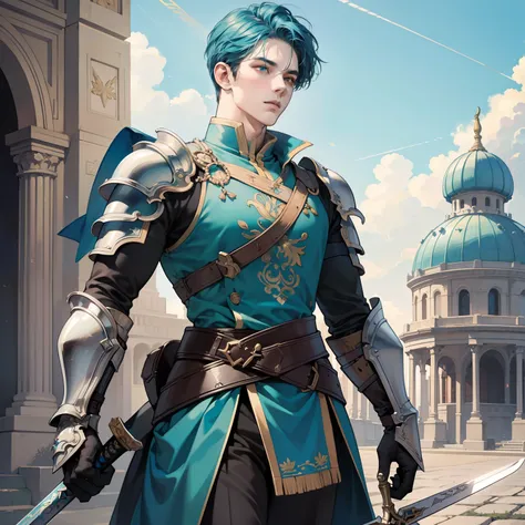 Masterpiece, high quality, best quality, HD, realistic, perfect lighting, detailed body, 1 man, short blue hair, cyan t-shirt, calm expression, wearing armor and sword, in the palace