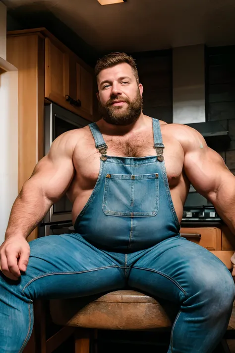 Chubby, muscular, 1man, (sweat:1.2), face focus, thick brown beard, blue eyes, italian, age 30s, hairy, shirtless, dirty oil sludges denim overalls, sitting on the floor, full body shot, kitchen background, realistic, high detail, masterpiece