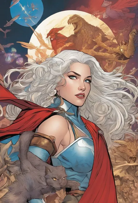 Marvel comic panel, The distant view of a teenage girl with long white hair and blue eyes. The shape of her face is oval. She is wearing a Sorceress costume with red and black crack patterns, with a red medieval tiara on her head. She is flying and using s...