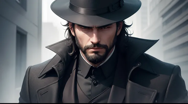 A man black pent and Black over coat with black hat, small beard, head up