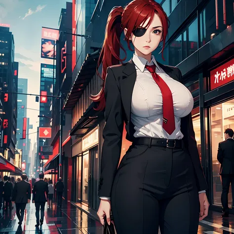 1girl, detailed face, detailed eyes, red hair, long ponytail, white eyes, serious, eyepatch, huge breasts, huge ass, black suit, business suit, red necktie, pants, outdoors, city