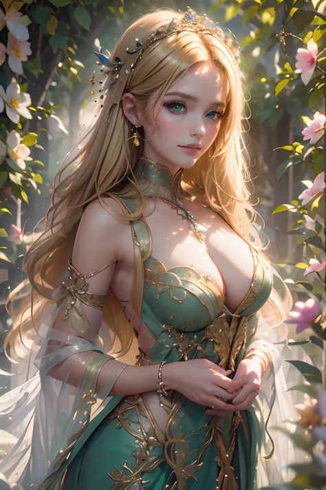 (Best Quality, hight resolution, Masterpiece:1.2), Ultra-detailed, Realistic:1.37, HDR, studio lightning, extreme detail description, Professional, Vivid colors, bokeh, portrai, oil painting, Charming goddess, smirks at the viewer, ((blonde hair)), ((Green...