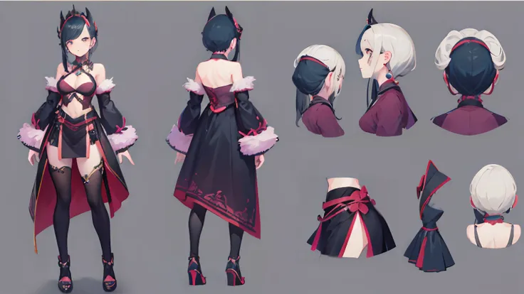 1 girl, three views, character design, reference sheet