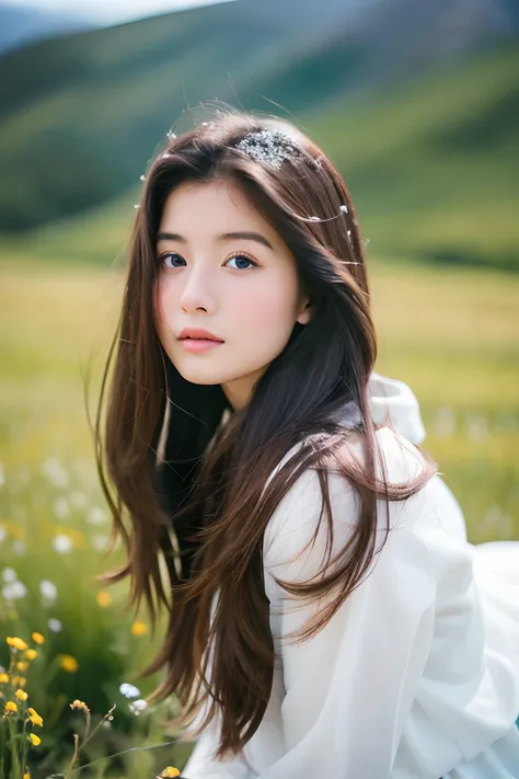 20-year-old girl with long hair, on a white horse, Close-up photos, grass field, wildflowers, snow mountains..