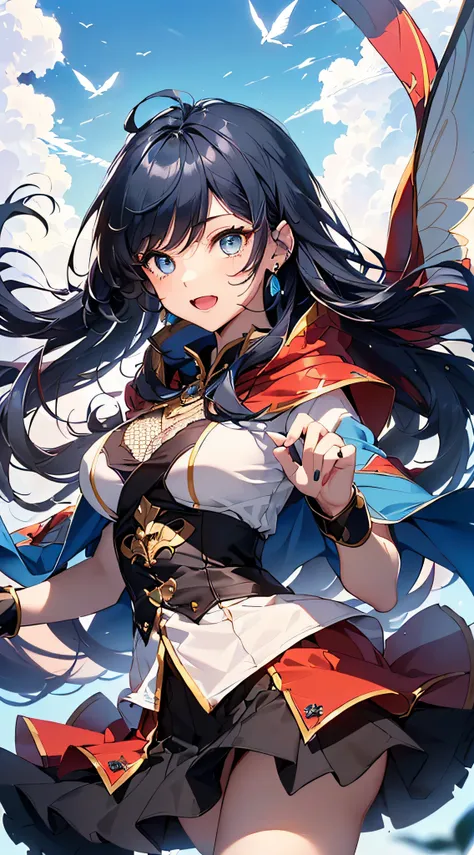 top-quality、Top image quality、​masterpiece、girl with((cute little、18year old、Best Bust、Medium bust、Bust 85,Beautiful blue eyes、Breasts wide open,Long Black Hair、A slender、Blue hair mesh、Black and white t-shirt、Blue short skirt,red cloak,Laugh、jumpping、Flyi...