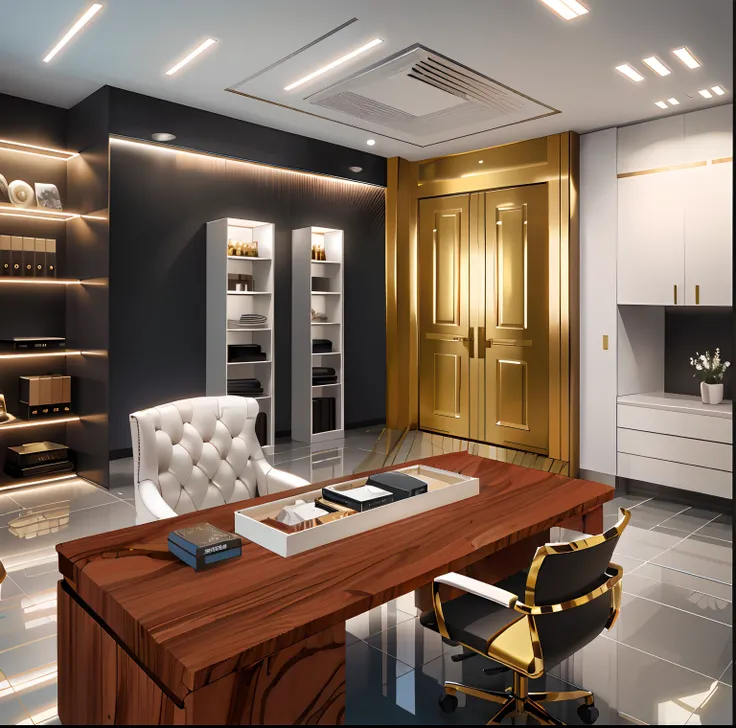 Luxurious office interior，There is a golden gate, gold and luxury materials, luxury condo interior, high end interior, luxury hd render, luxurious environment