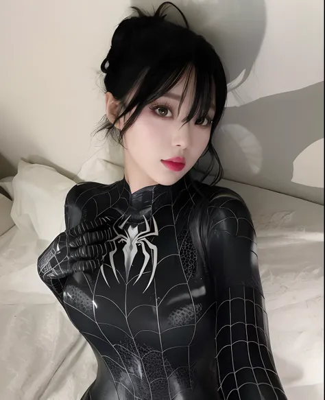 mulher araffed em um traje preto e branco deitado em uma cama, ( ( Mulher-Aranha ) ), iu lee ji-eun as a super villain, Mulher Aranha, Mulher-Aranha!!, corpo da teia de aranha, Traje de alta qualidade, park shin hye as a super villain, Anime Garota Cosplay...