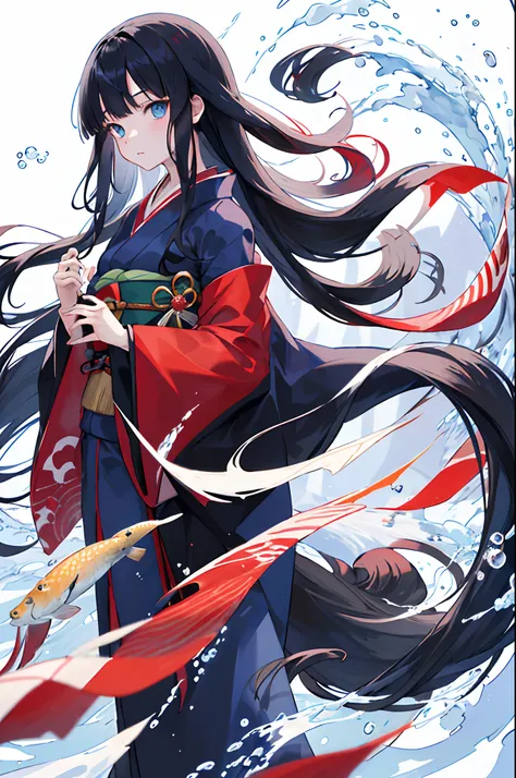 1girl, long hair, black hair, fish, blue eyes, kimono, japanese clothes, solo, red kimono, very long hair, looking at viewer, wide sleeves, bubble, long sleeves, parted bangs, standing, holding, bangs, animal, air bubble, water