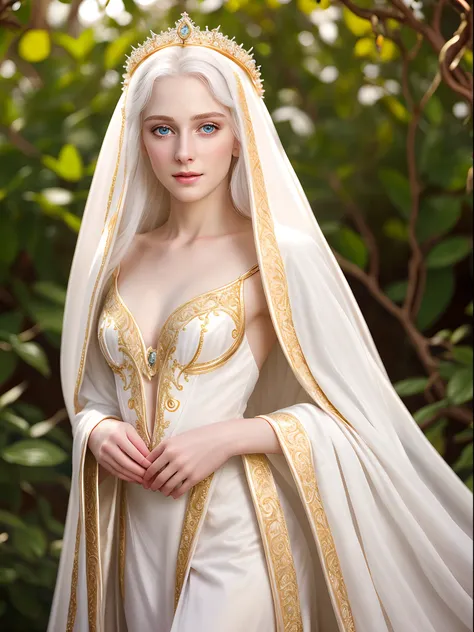 Realistic, photorealistic, RAW photo, ultra detailed ,gentle beautiful 19 years old woman, elven princess, wearing white robes with gold decorations, white hair, extremely pale, extremely white skin, peachy makeup, beautiful detailed face, cute sexy, pleas...